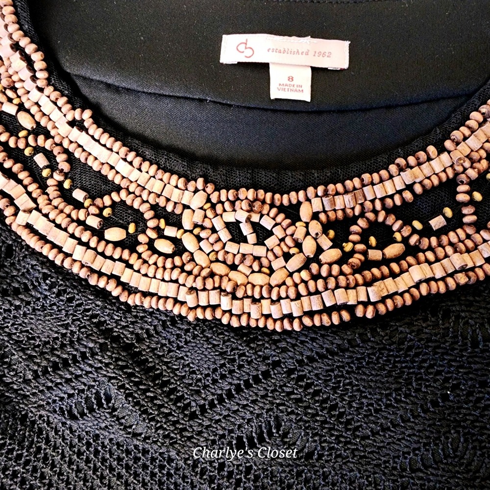 Catherines Crochet Lace Shift Dress 8 Black Beaded Neckline Boho Vacation Resort - Picture 4 of 9